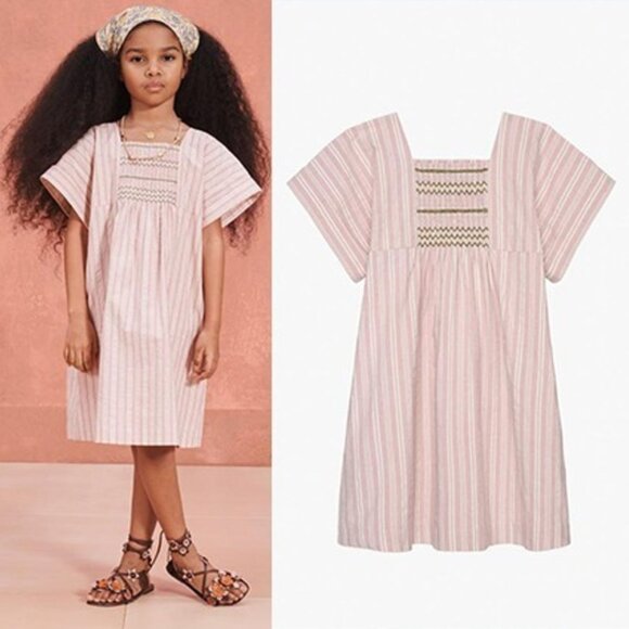 New! Zara Girls Smocked Stripe Pink Cream Dress Size 11-12Y